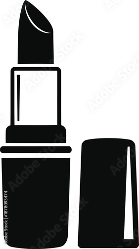 Icon of black lipstick with cap beside, simple graphic design, isolated on transparent background, makeup element