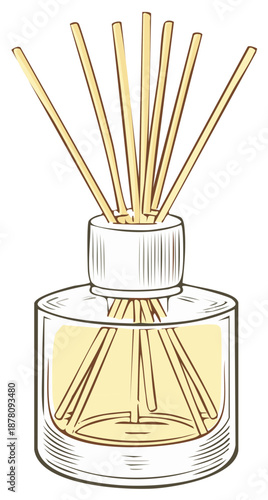 Elegant reed diffuser illustration with aromatic oil and natural sticks for home fragrance