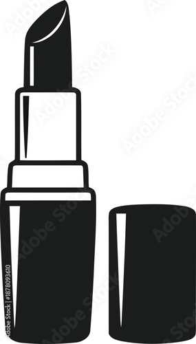 Monochromatic silhouette icon of open lipstick tube and cap cosmetic product makeup beauty care fashion style accessory