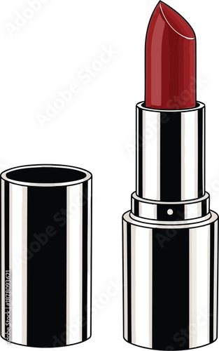 Detailed drawing of red lipstick open tube and metallic cap cosmetic product makeup beauty care fashion style accessory