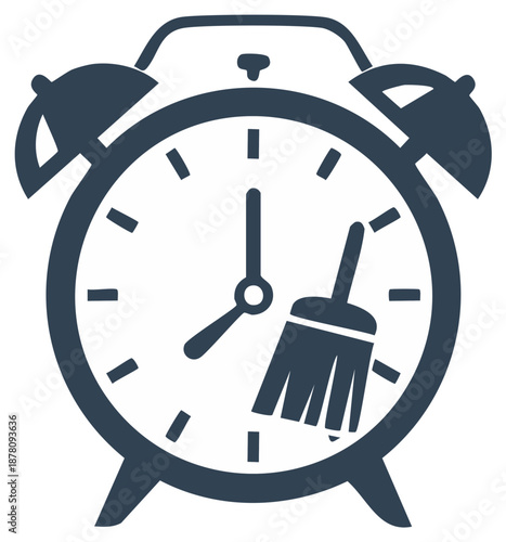 Time to Clean Vector Icon with a Classic Alarm Clock and a Sweeping Broom