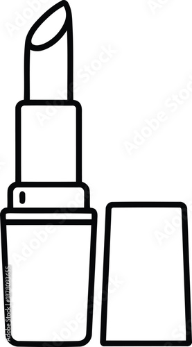 Simple black line art icon showing open lipstick applicator next to its cap suitable for web or print graphics