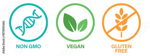 Healthy Food Certification Icons Set with Non GMO Vegan and Gluten Free Labels, Organic Product Packaging Symbols, Dietary Restriction Vector Signs Isolated on White