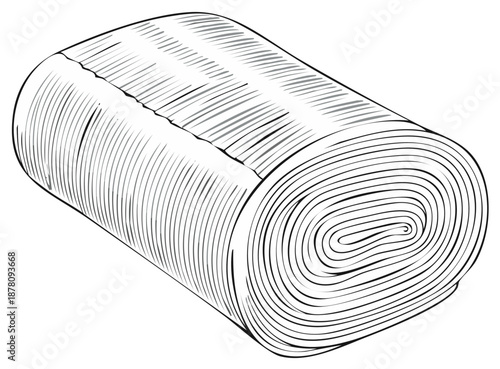 Monochrome engraved illustration of a cylindrical farm hay or straw bale roll for agriculture