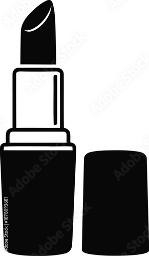 Bold black silhouette of open lipstick with cap used for cosmetics branding and beauty salon logos on transparent background