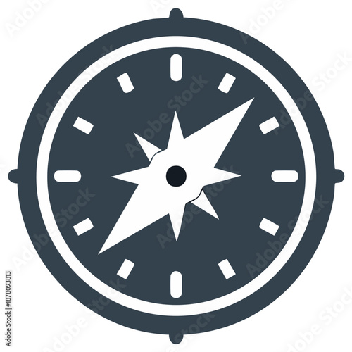 Minimalist dark blue compass icon symbolizing navigation travel exploration and finding the right direction