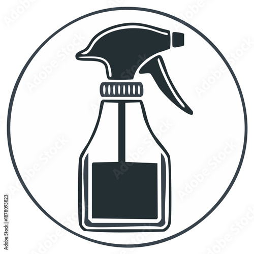 Dark minimalist spray bottle icon inside a circle representing cleaning household chores or sanitization