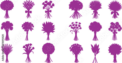 Purple floral bouquet silhouettes collection featuring elegant flower arrangements, decorative botanical shapes, minimal vector icons for branding, crafts, wall art, weddings,