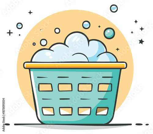 Cute laundry basket illustration full of sparkling soap suds and bubbles