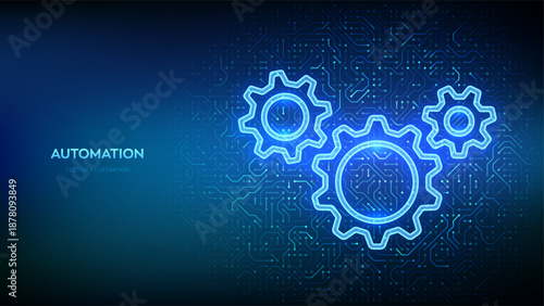 RPA. Robotic Process Automation software. Gears icons on circuit board pattern background. Smart industry. IOT and Automation concept. Innovation, improving productivity in technology. Vector.