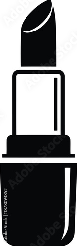 Simple black vector icon of an open lipstick with the cap positioned next to it, symbolizing cosmetics and personal care products