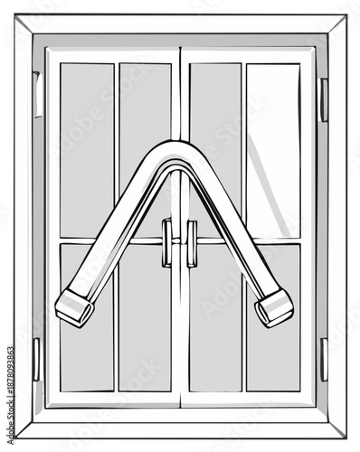 Cartoon illustration of a metal security bar secured across a closed double window