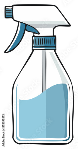 Hand drawn style illustration of a clear spray bottle with blue liquid inside