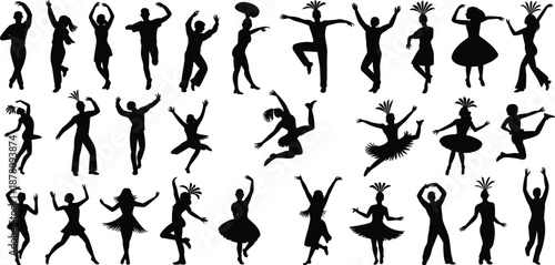 Silhouette Collection of Diverse Dancers in Dynamic Poses Showcasing Ballet, Contemporary, and Cultural Styles for Artistic, Educational, and Creative Design Use