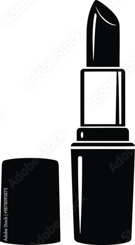 Black and white lipstick icon showing makeup product open with cap detached on side for beauty and fashion concepts