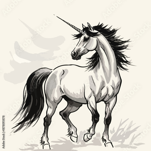 Majestic Unicorn Ink Illustration in Monochrome Style, Hand Drawn Fantasy Mythical Horse with Flowing Mane, Vintage Japanese Sumi e Inspired Vector Artwork on Light Background