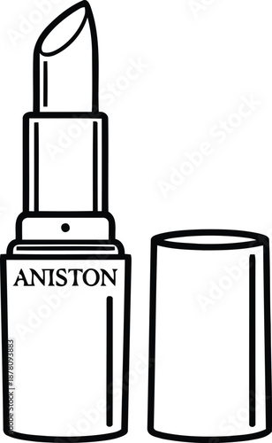 Outline drawing of open lipstick with brand name aniston and cap on side highlighting cosmetic product packaging and style