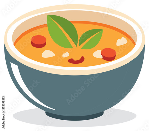 Cartoon Bowl with Spicy Soup Topped with Basil Leaves and Red Pepper Slices