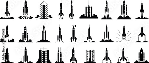 Rocket and launch pad silhouette icon collection showcasing diverse space vehicle designs for aerospace engineering, educational visuals, and technical illustrations.