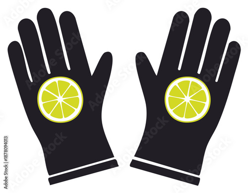 Pair of black gloves with lemon slice illustration bright citrus gloves graphic
