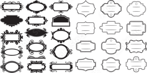  Vintage label collection featuring ornate frames and elegant silhouettes. decorative badge forms for product packaging, branding and logo design. vector template set with blank area.eps