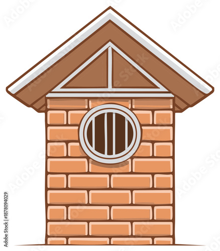 Cartoon brick tower with a brown gabled roof and a small round barred window