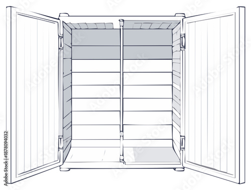 Illustration of an open storage cabinet with wooden panels, doors, shelves, and hinges.