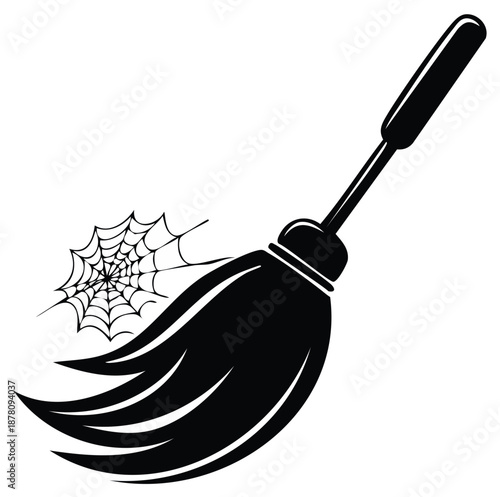 Witch broomstick with a spiderweb, Halloween magic symbol or cleaning icon vector illustration.
