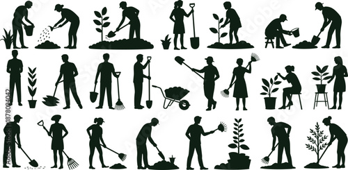 Gardening people silhouette collection featuring men and women planting, watering, digging, and caring for plants, minimal vector icons for agriculture, nature, lifestyle, and eco design projects.