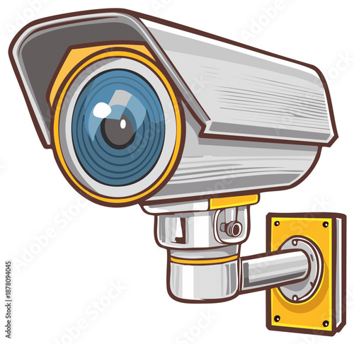 Cartoon security camera with lens and metal casing observes area for protection and safety from public crime surveillance system