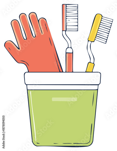 Cleaning Supplies Vector Illustration: Gloves and Brushes in Green Pail for Housework