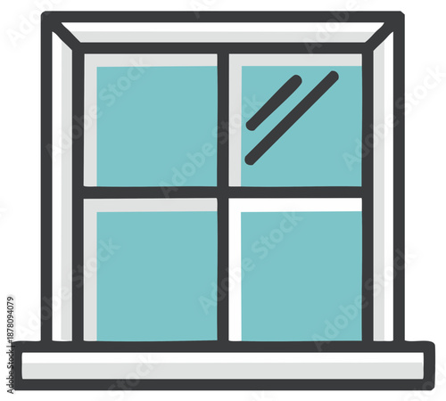 Four Pane Window with Teal Glass and White Frame Illustration
