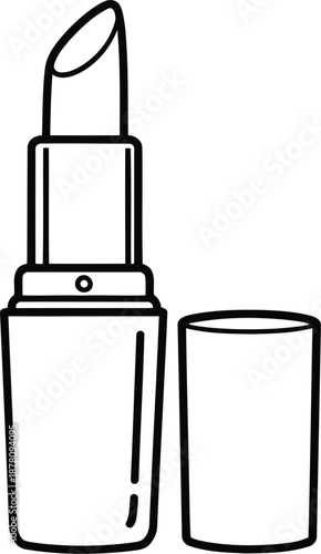 Contour line art of open lipstick stick in tube with separate lid standing next to it vector illustration on transparent background