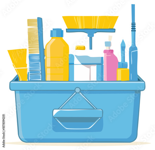 Container of Cleaning Supplies with Brushes Bottles and Sponge
