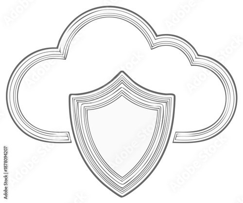 Outline illustration of cloud computing and data protection with a security shield icon