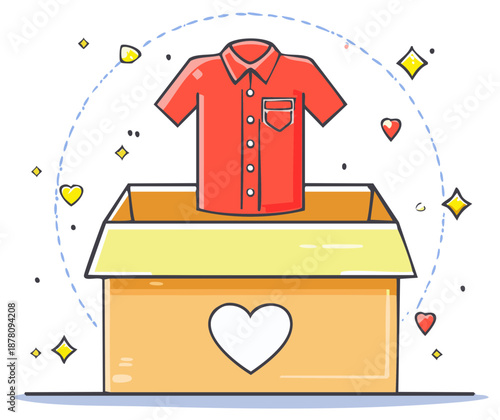 Cartoon style box with red shirt for donating used clothes and charitable giving