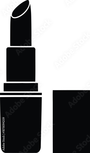 Solid black silhouette of open lipstick cosmetic product illustration with detached cap showing beauty item packaging design style