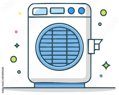 Modern white air cooler with blue fan and control panel