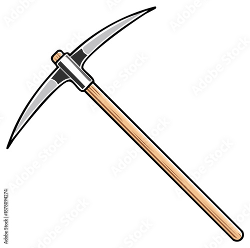 Classic Wooden Handle Pickaxe Tool Isolated on White Illustration
