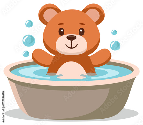 Teddy bear bathing in a tub surrounded by bubbles cartoon illustration
