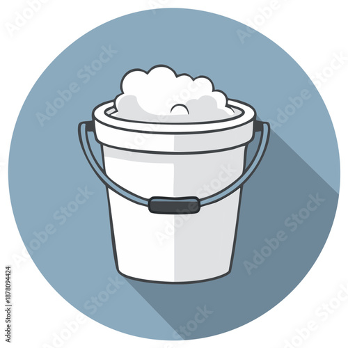 Flat design illustration of a white cleaning bucket filled with soap suds and foam