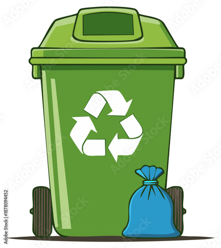 Green recycling wheelie bin with recycle symbol and a garbage bag vector illustration
