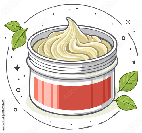 Jar of creamy cosmetic moisturizer with green leaves and decorative elements