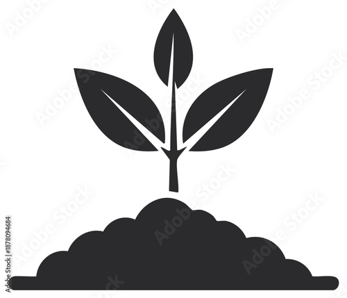 Simple black icon of a young plant growing from a mound of soil