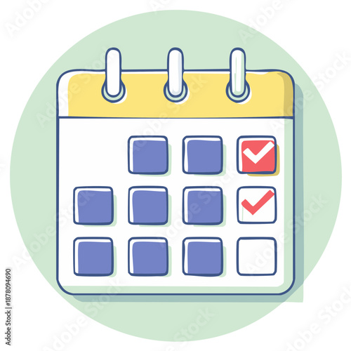Doodle style calendar icon displaying scheduled tasks and completed items with red checkmarks