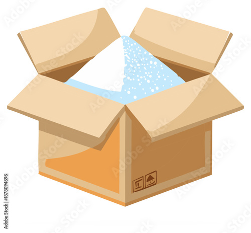 Opened cardboard box with blue and white material inside illustration