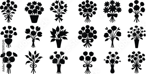 Black floral bouquet silhouettes collection featuring elegant flower arrangements, minimal vector shapes, decorative botanical icons for design, crafts, branding, and wedding graphic projects.