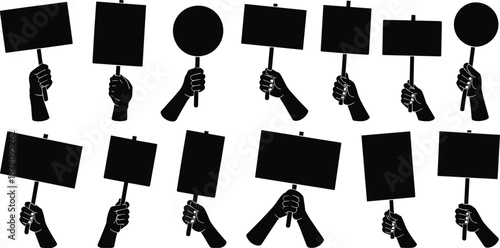Protest sign silhouette icon set featuring diverse hand gestures and placard shapes for activism, social movements, and political demonstration visuals.