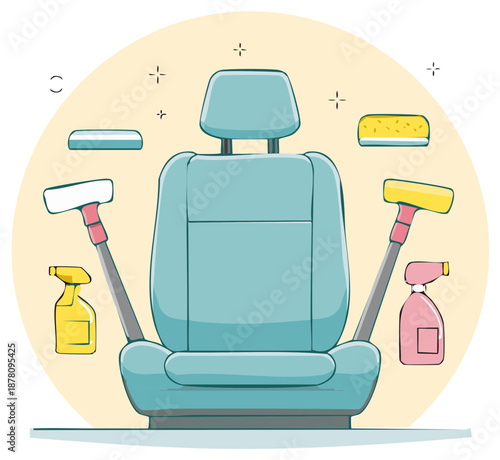Car interior cleaning and auto detailing concept with a seat and cleaning tools illustration