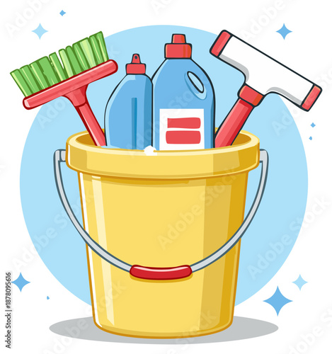 Bucket Filled With Cleaning Equipment, Cleaning Supplies and Tools